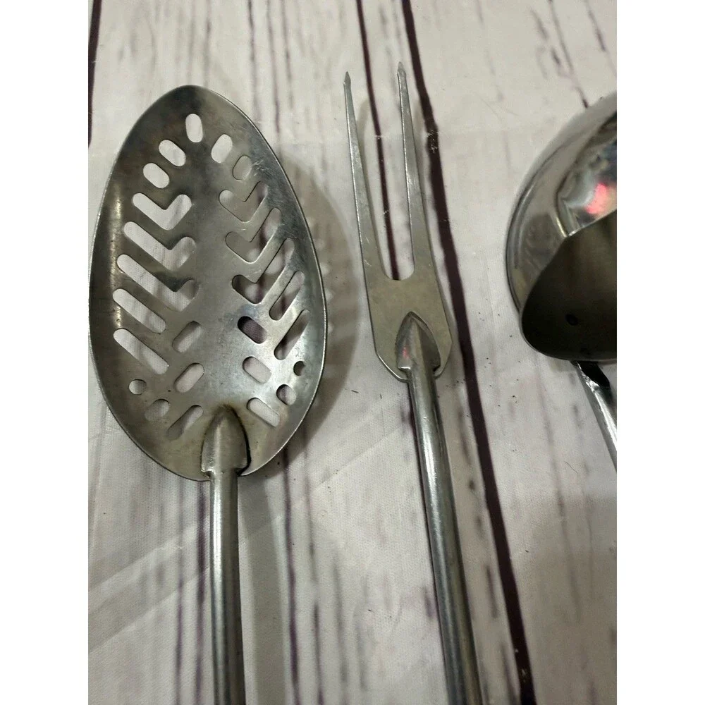 Vintage lot of 4 Kitchen Utensil Red Handle Strainer Ladle Spoon Meat Fork